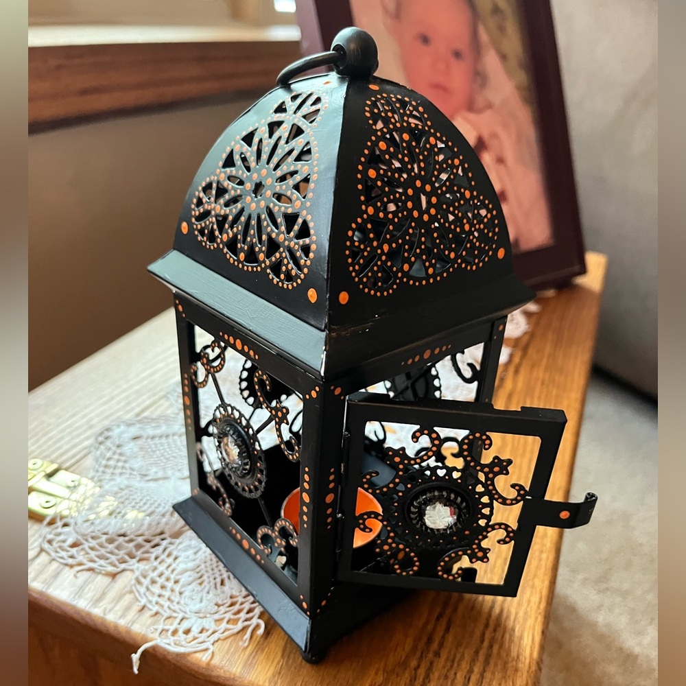 Handpainted Metal Black and Orange Decorative Lantern - Picture 2 of 8